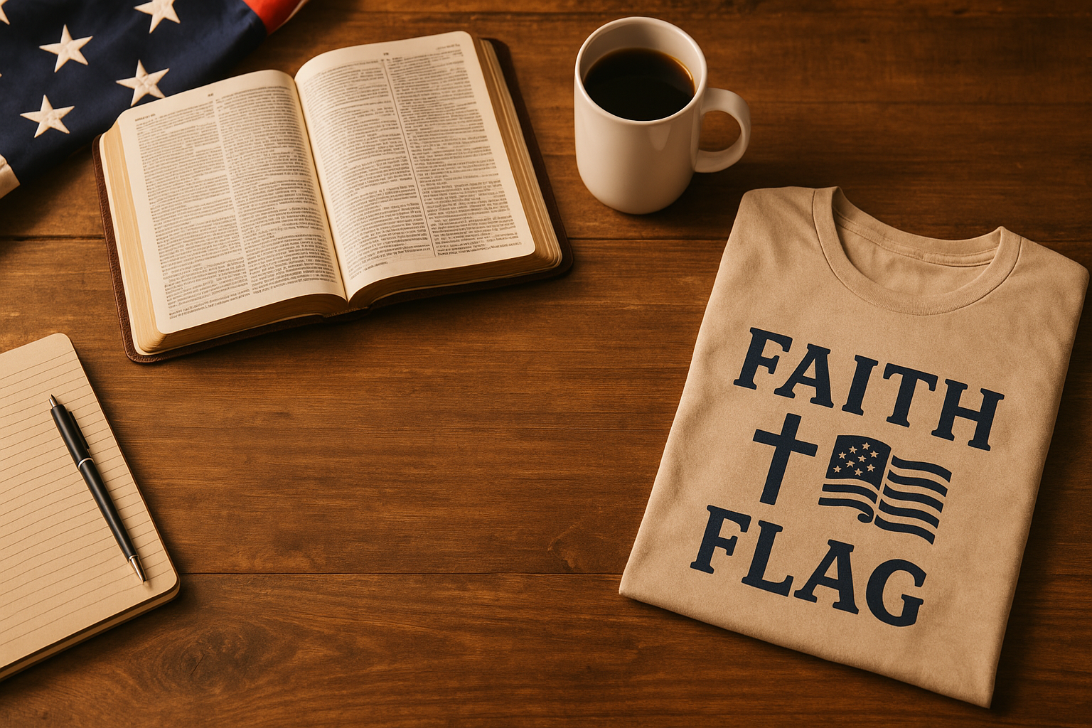 A friendly and welcoming background image showing a rustic wooden table with a folded American flag, an open Bible, a notebook with a pen, and a cup of coffee beside a Faith & Flag T-shirt, soft warm light, patriotic Christian theme, clean space for overlay text, Shopify section banner style — image size 1920×850
